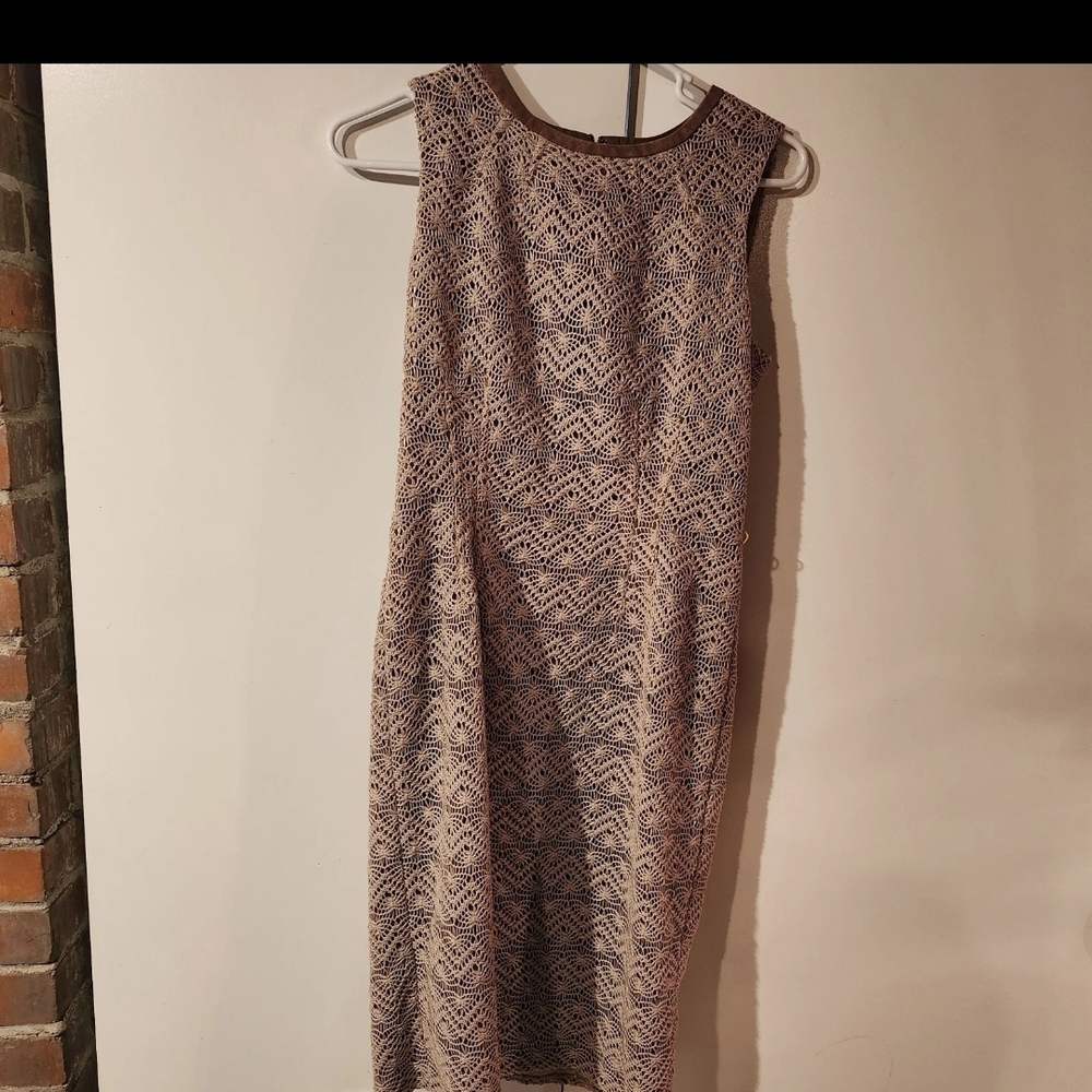 Anne Klein Beige and Black  Crochet Patterned Midi Dress